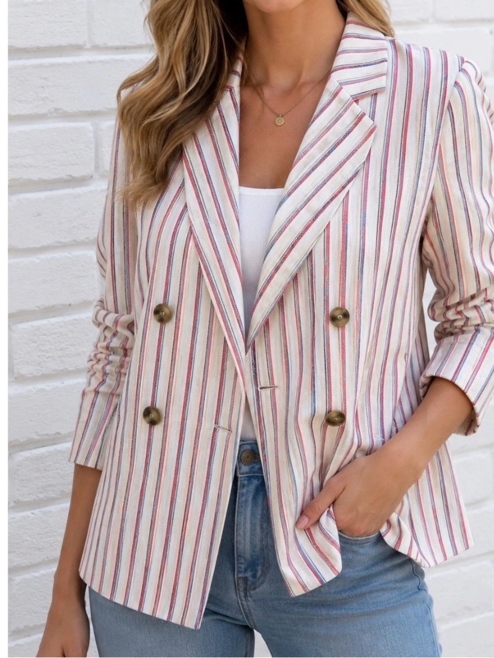 Anthropologie Dolan Linen Cotton Striped Double Breasted Blazer Jacket M